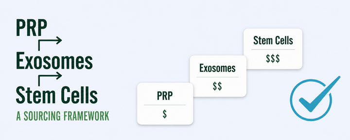 Sourcing framework comparing exosomes, hUCT-MSC stem cells and PRP for licensed practices