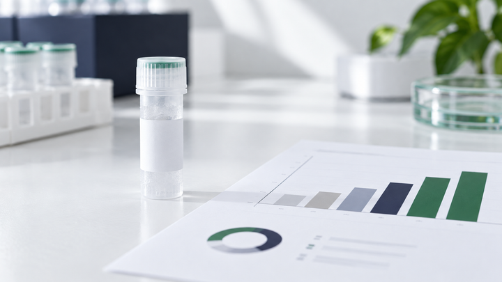 Cryovial of topical cosmetic exosomes beside a pricing chart for a 2026 wholesale exosome cost guide