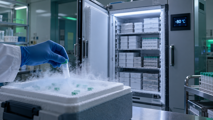 Gloved hand moving a frozen vial from a dry-ice shipping cooler into a −80 °C ultra-low-temperature freezer in a clinic