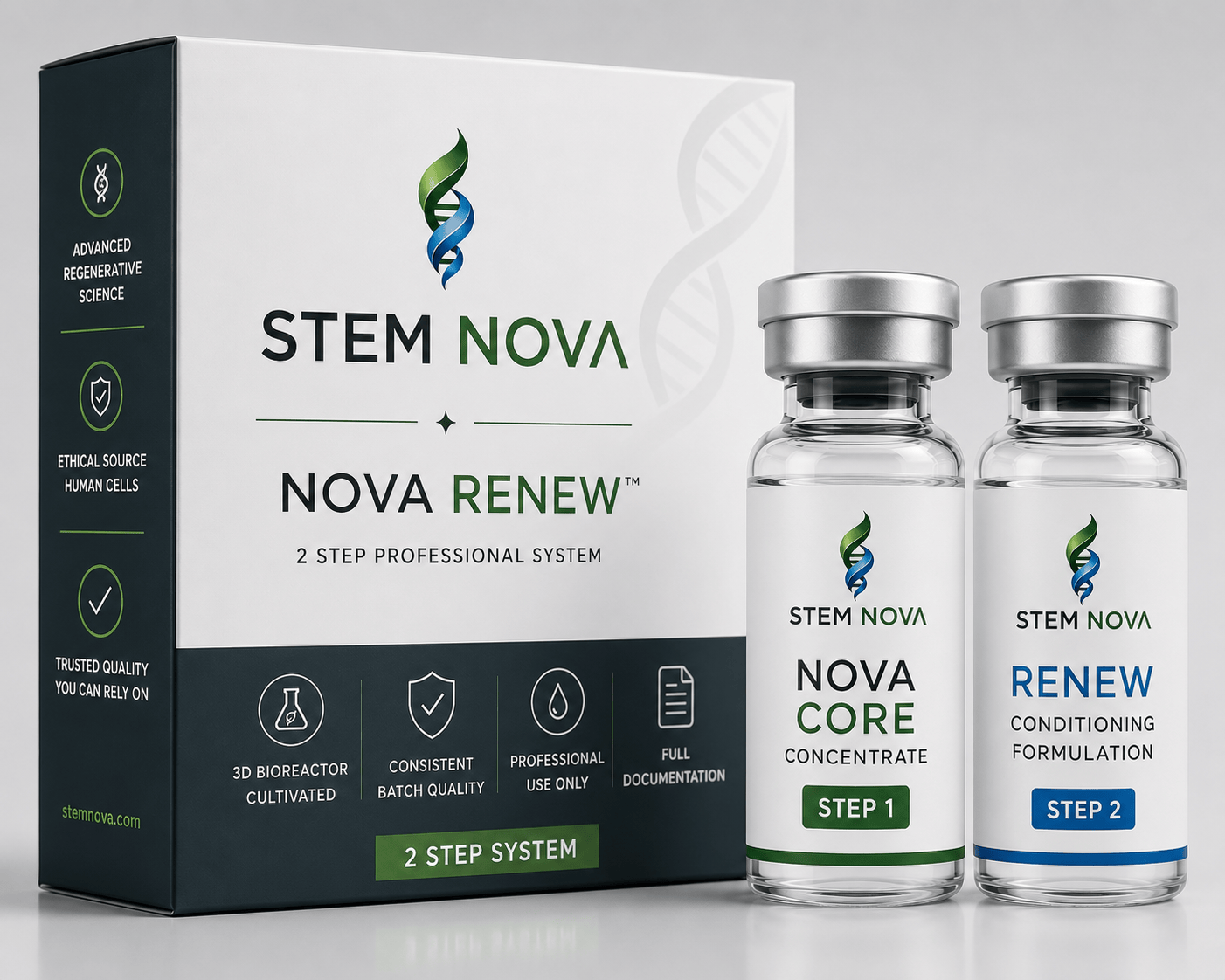 NovaRenew™ 2-step professional secretome system — Nova Core concentrate and Renew conditioning formulation, topical cosmetic biologic for licensed professionals | Stem Nova Network