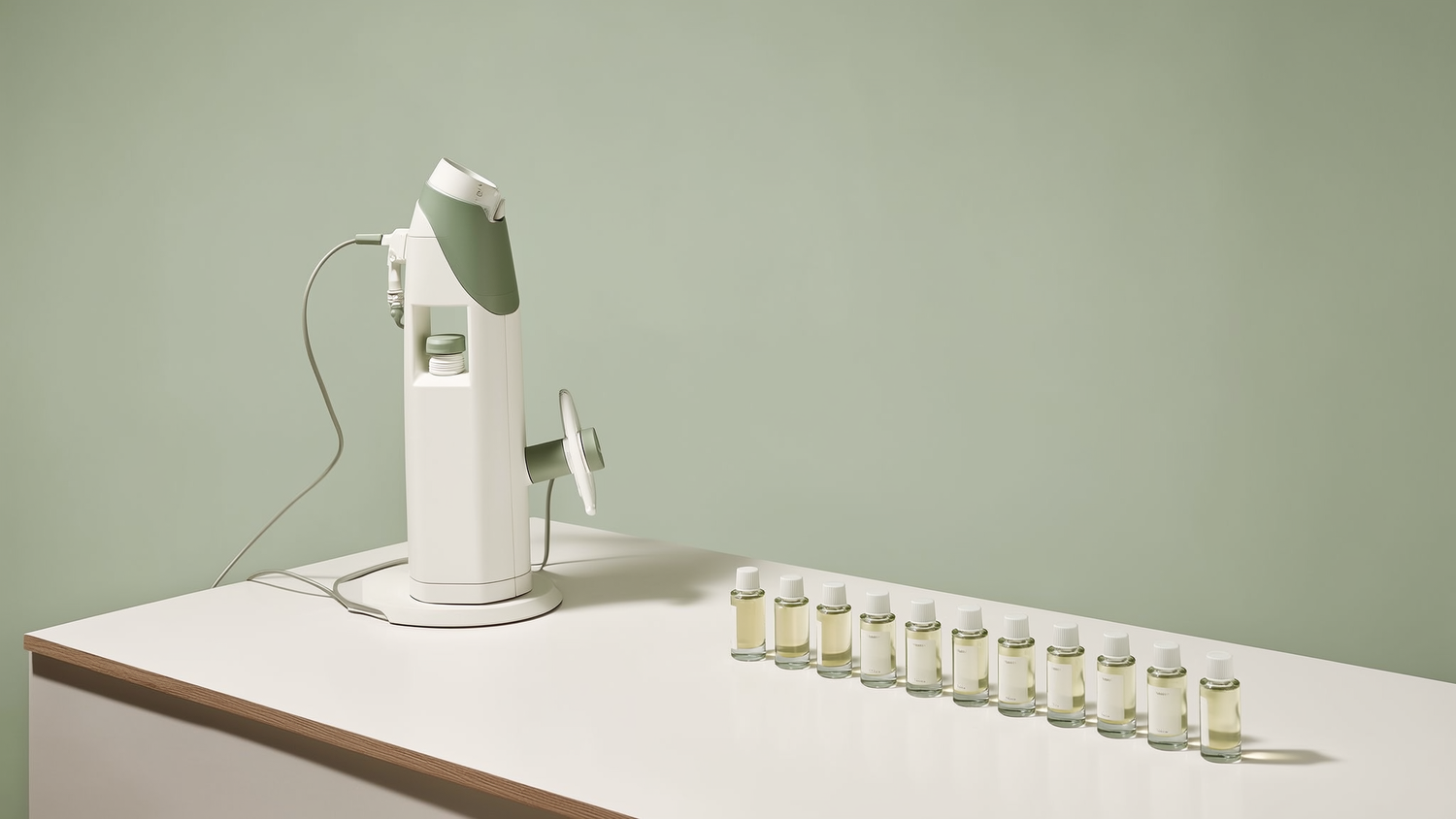 Clean aesthetic treatment room with a microneedling device and serum vials in cream and sage green tones