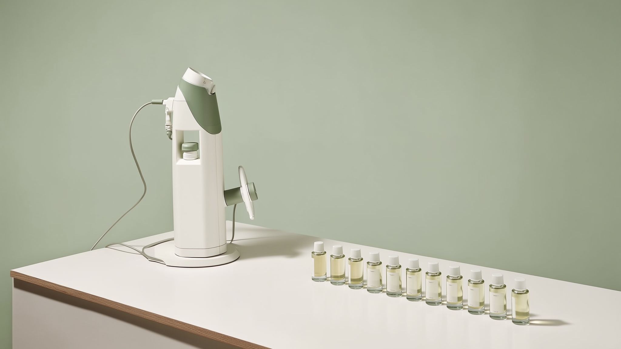 Clean aesthetic treatment room with a microneedling device and serum vials in cream and sage green tones