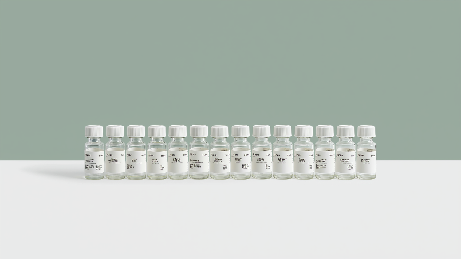 Two rows of labeled clear glass medical vials on a white lab surface against a soft sage green background
