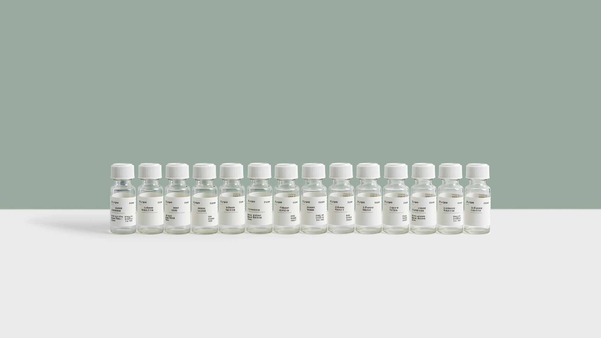Two rows of labeled clear glass medical vials on a white lab surface against a soft sage green background