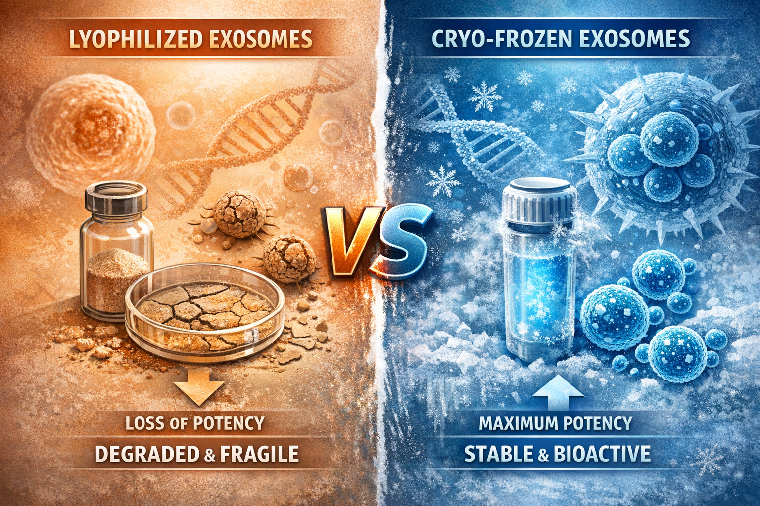 Lyophilized vs liquid exosomes comparison — clinical-grade cryopreserved exosome biologics for licensed medical professionals | Stem Nova Network