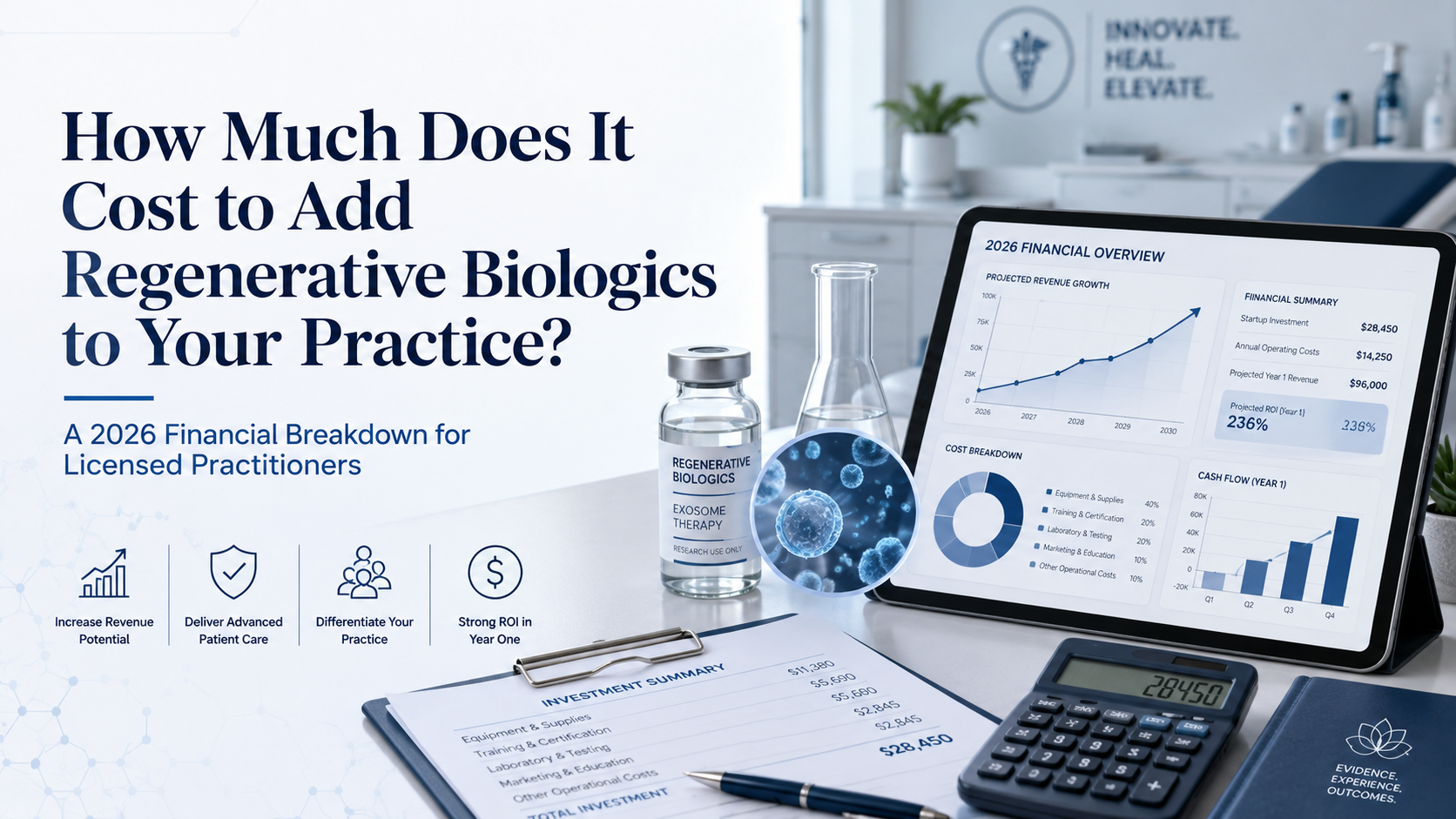 Financial breakdown infographic showing the cost to add exosome and UCT-MSC stem cell biologics to a medical practice, including wholesale pricing, retail session pricing, and per-session gross margin.