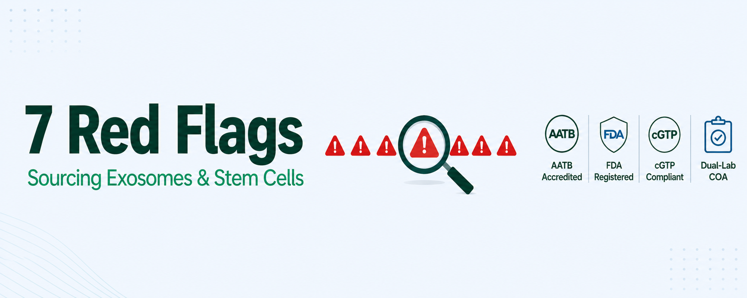 Buyer's guide infographic listing 7 red flags for licensed practitioners sourcing exosomes and stem cells, with AATB, FDA-Registered, cGTP, and dual-lab COA credential badges.