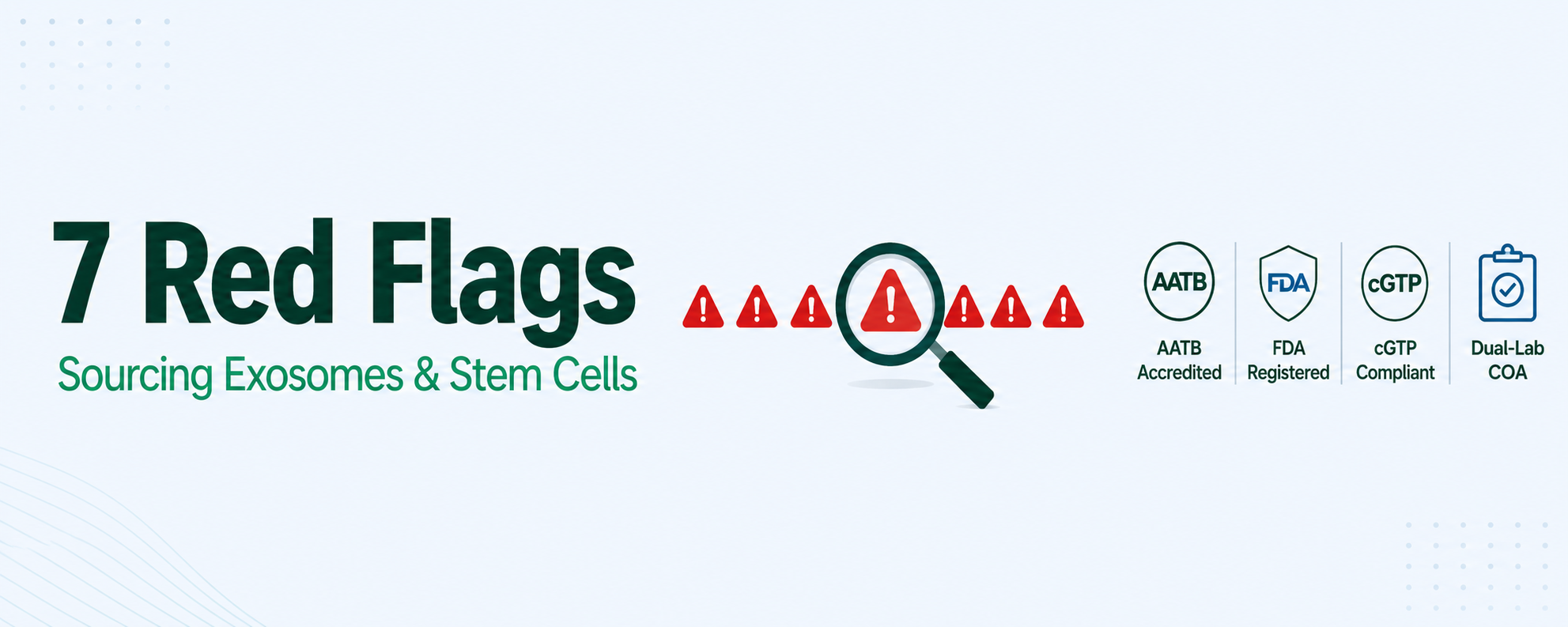 Buyer's guide infographic listing 7 red flags for licensed practitioners sourcing exosomes and stem cells, with AATB, FDA-Registered, cGTP, and dual-lab COA credential badges.