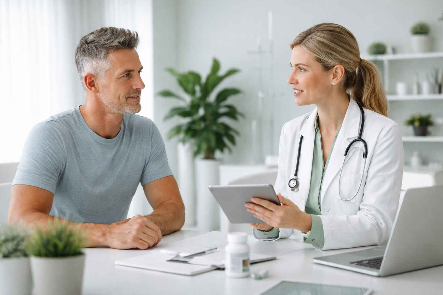 Licensed physician evaluating UCT-MSC stem cell biologics for longevity and anti-aging protocols — Stem Nova Network wholesale supplier