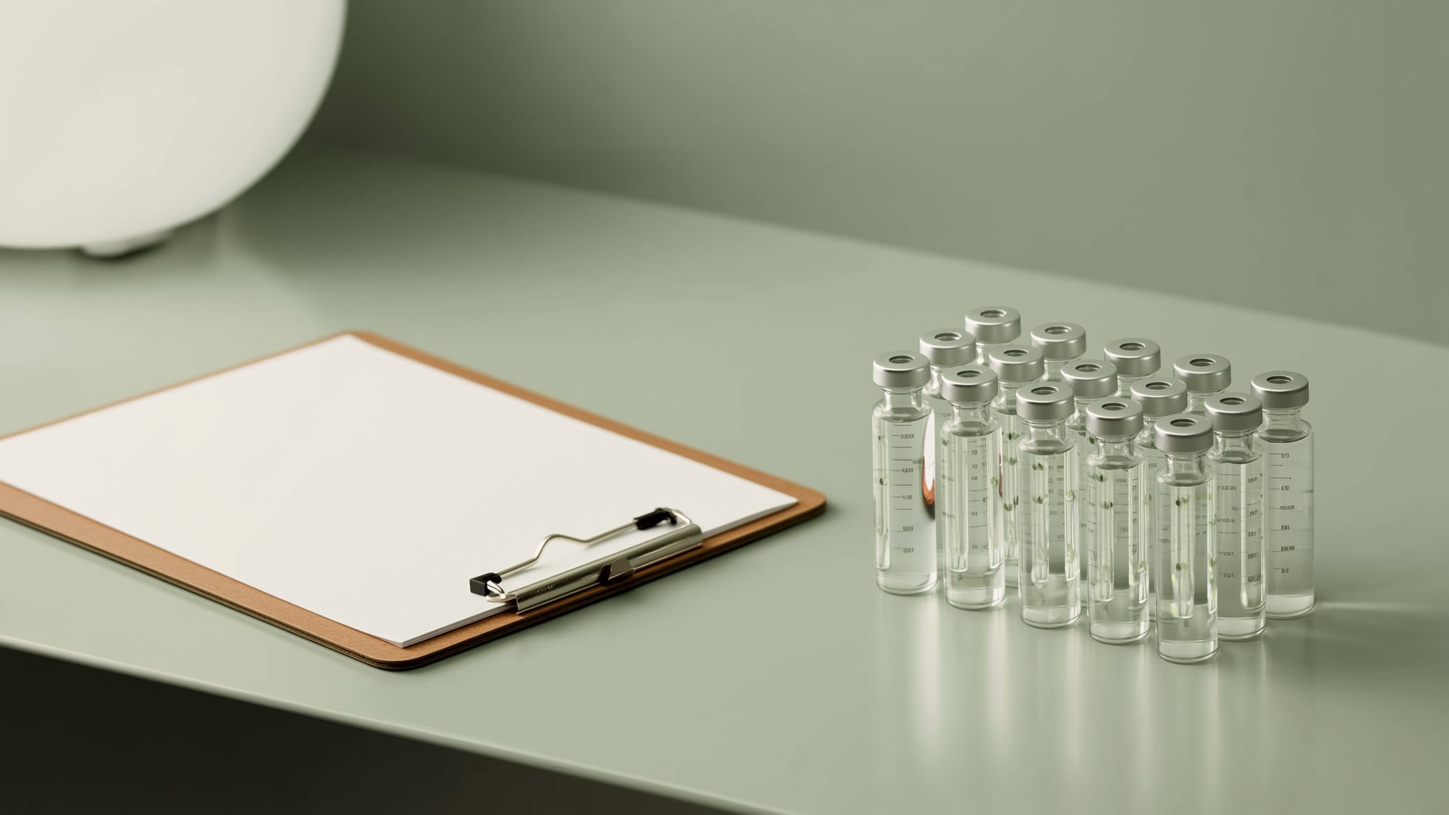 Two sets of medical vials compared side by side on a clinic counter — switching biologics suppliers
