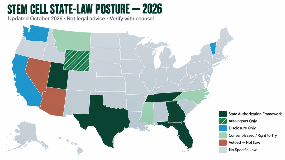 Map of U.S. stem cell state-law posture as of October 2026, showing state authorization, autologous-only, disclosure-only, consent-based, and vetoed states.