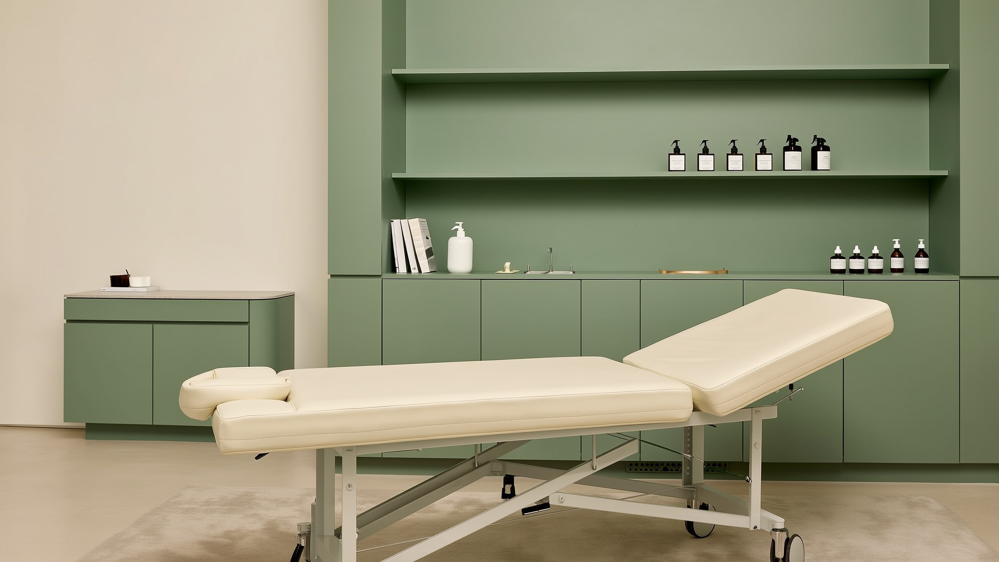 Calm regenerative medicine clinic room with a treatment table in sage green and cream tones