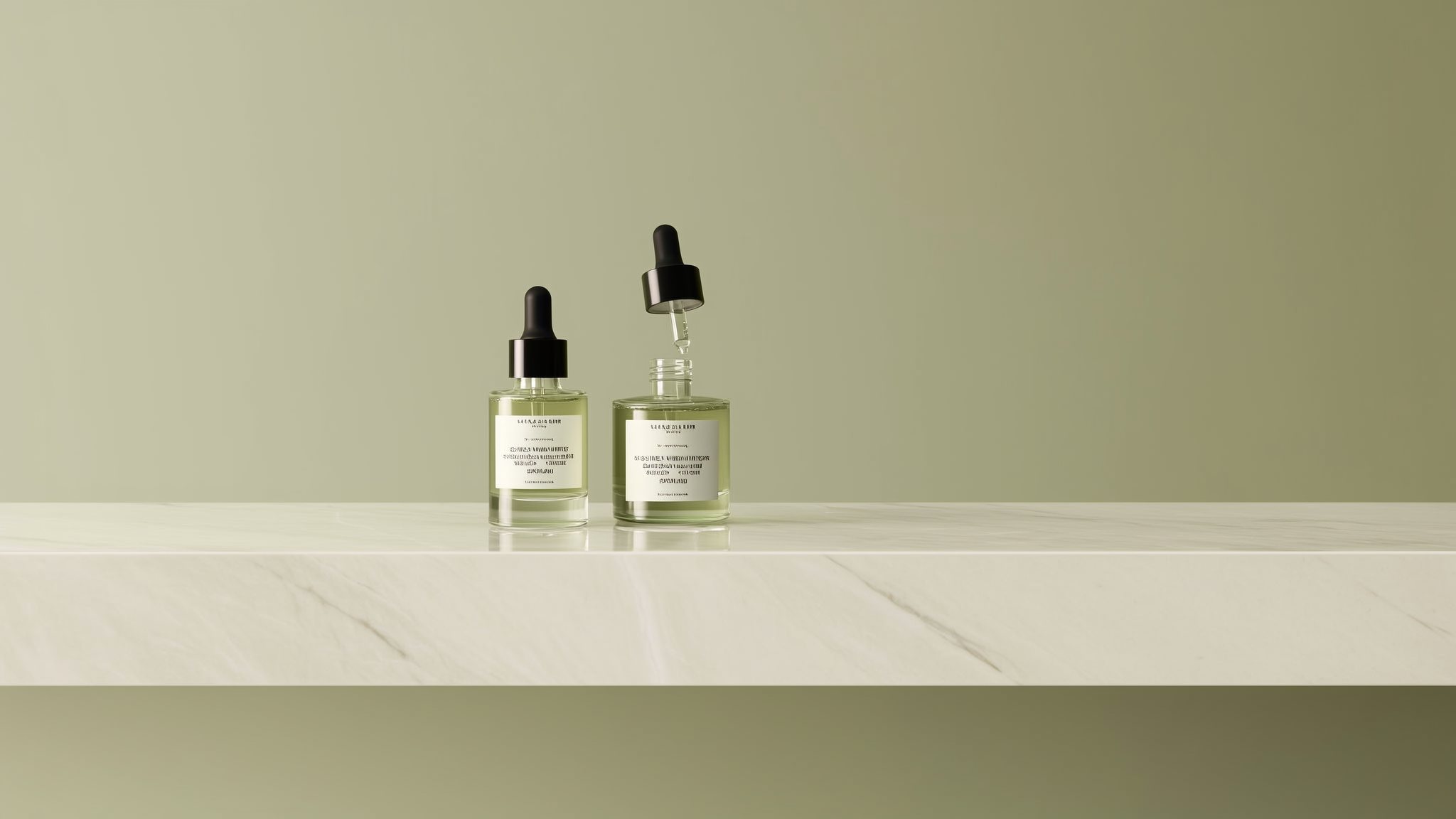 Elegant serum vials and a glass dropper on a marble med spa counter — wholesale exosomes for med spas