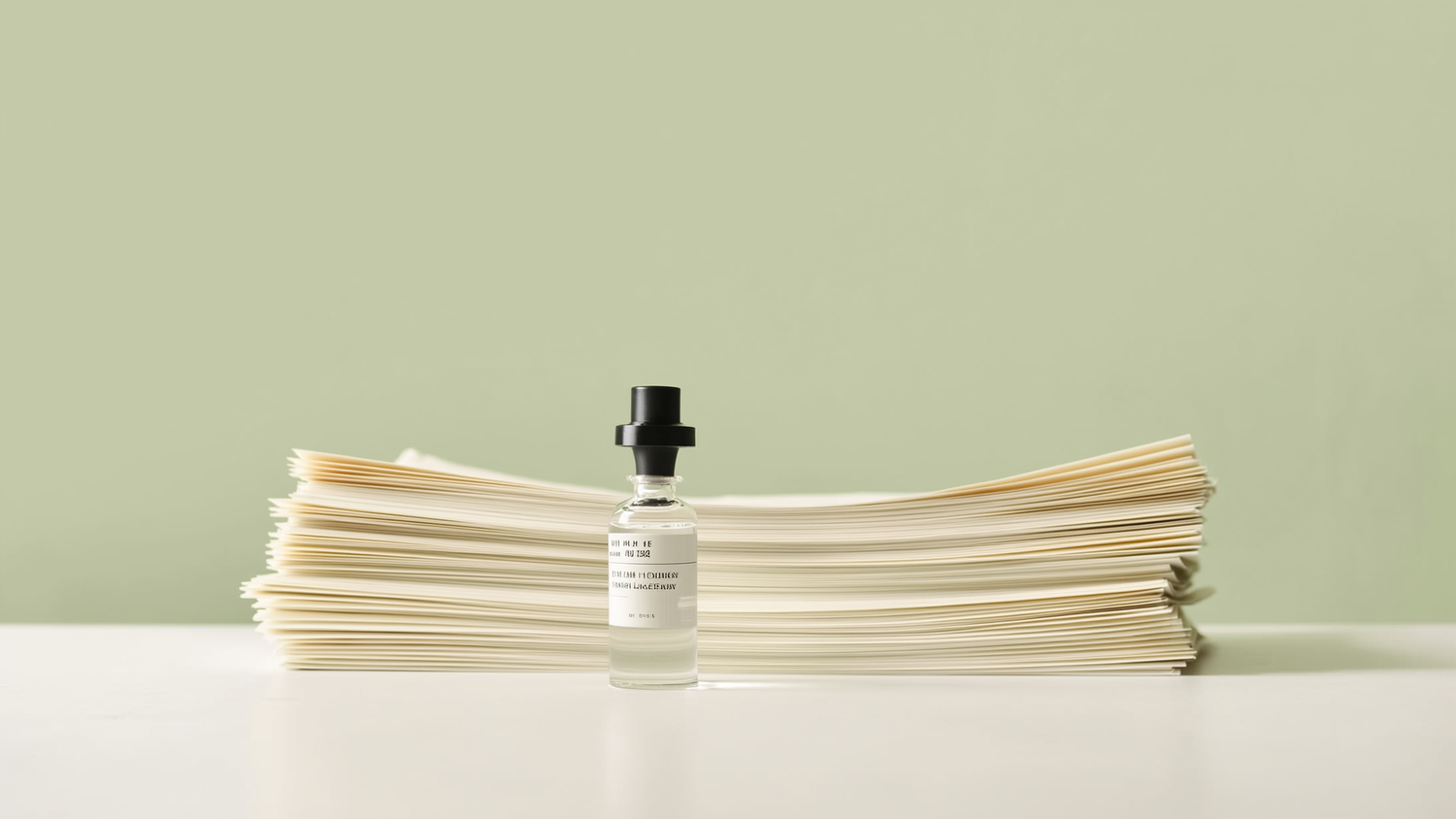 Clinical still life with a single clear glass vial beside printed documents in cream and sage green tones