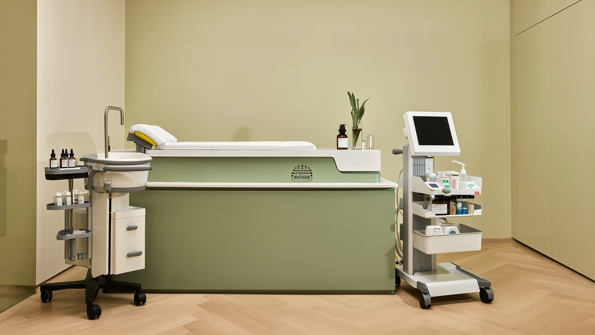 A modern clinic treatment room set up with regenerative medicine vials and equipment