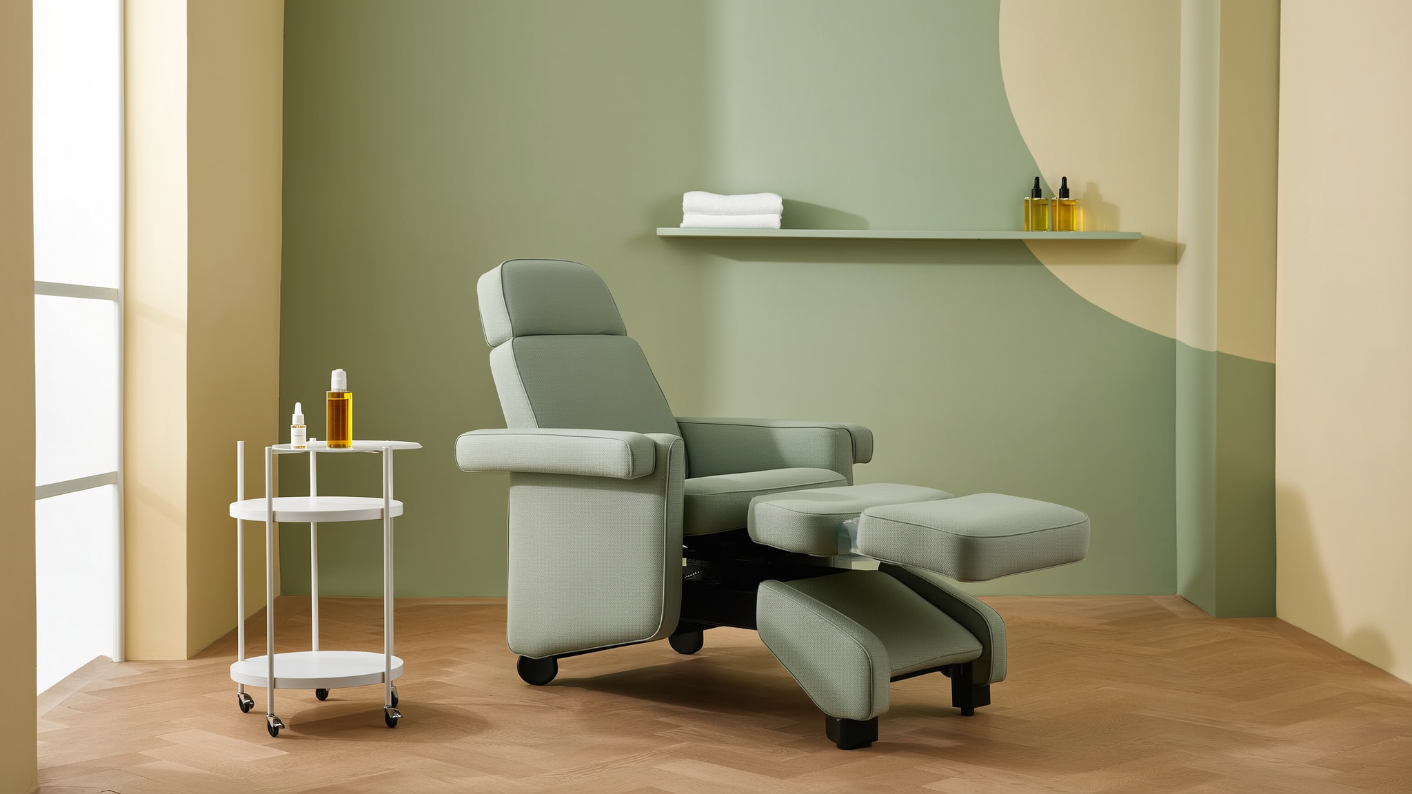 Calm wellness clinic interior with a treatment chair and glass vials in sage green and cream tones