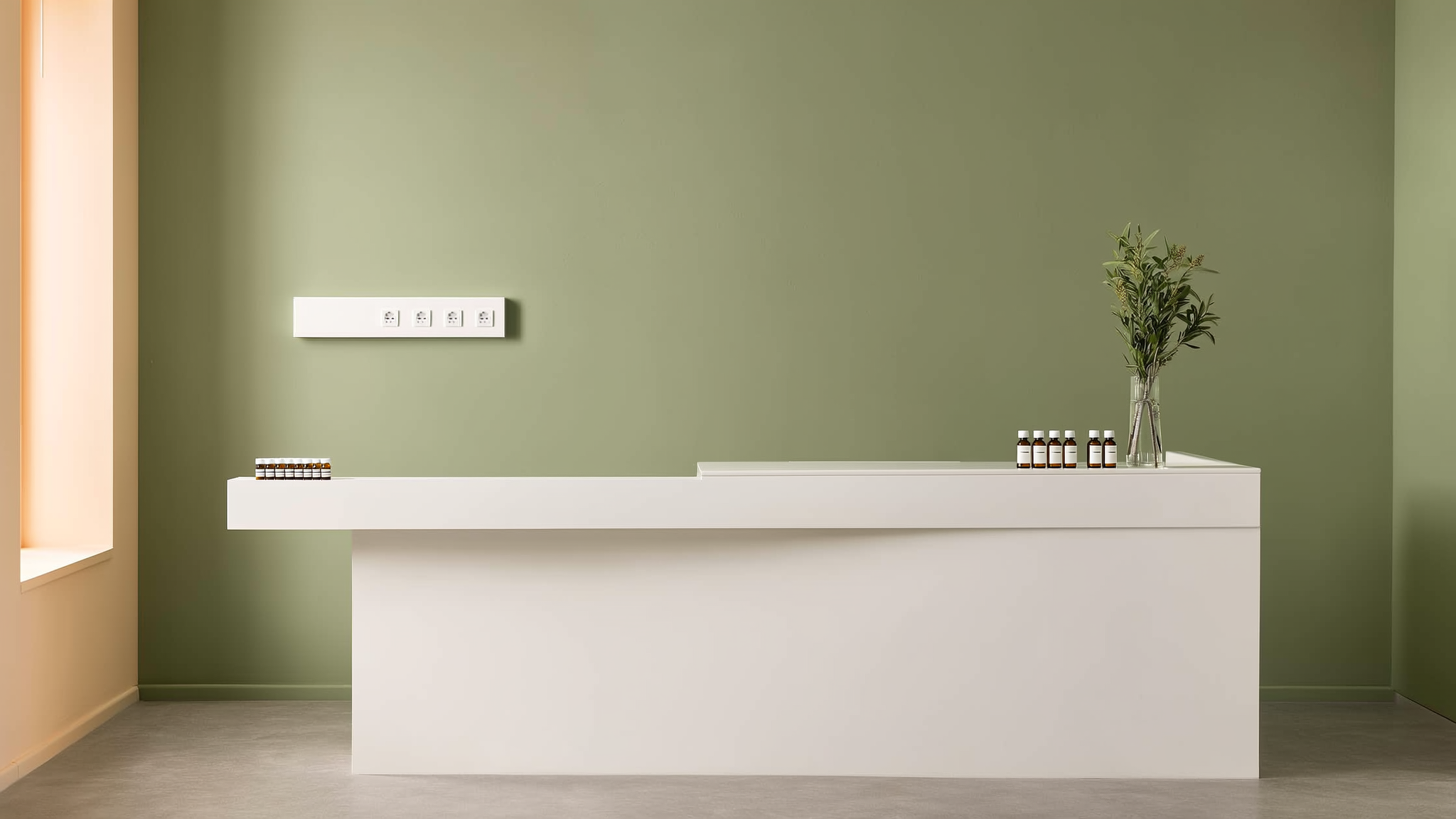 Minimalist clinic counter with small glass vials and a tablet in sage green and cream tones