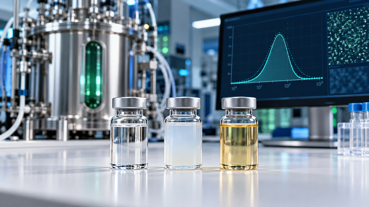 Three laboratory vials representing exosome, secretome, and conditioned media products on a lab bench with a particle-size chart in the background