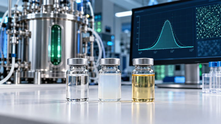Three laboratory vials representing exosome, secretome, and conditioned media products on a lab bench with a particle-size chart in the background