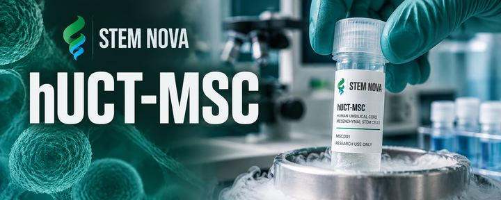 Labeled cryogenic vial of hUCT-MSC stem cells in a clinical laboratory setting