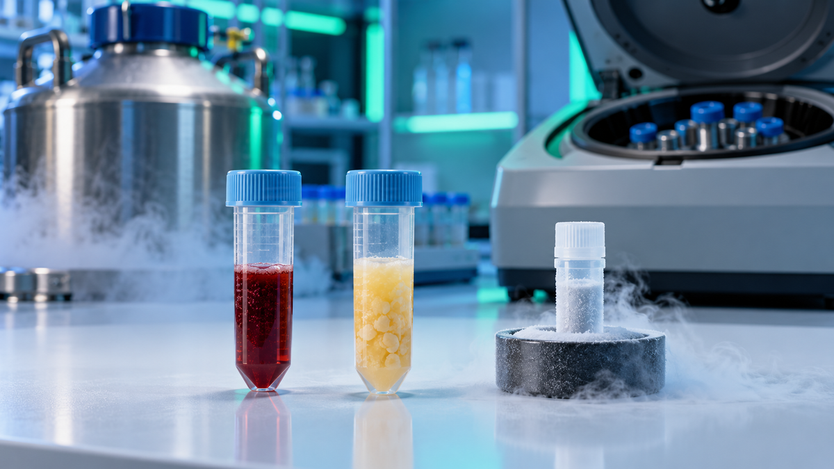 Bone marrow aspirate, processed adipose tissue, and a cryopreserved umbilical cord tissue vial side by side on a laboratory bench