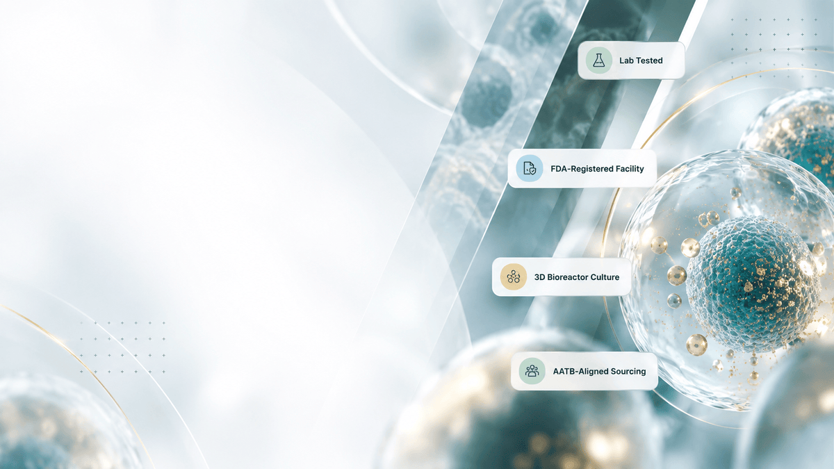 Verified biologics — lab tested, FDA-registered facility, 3D bioreactor culture, AATB-aligned sourcing