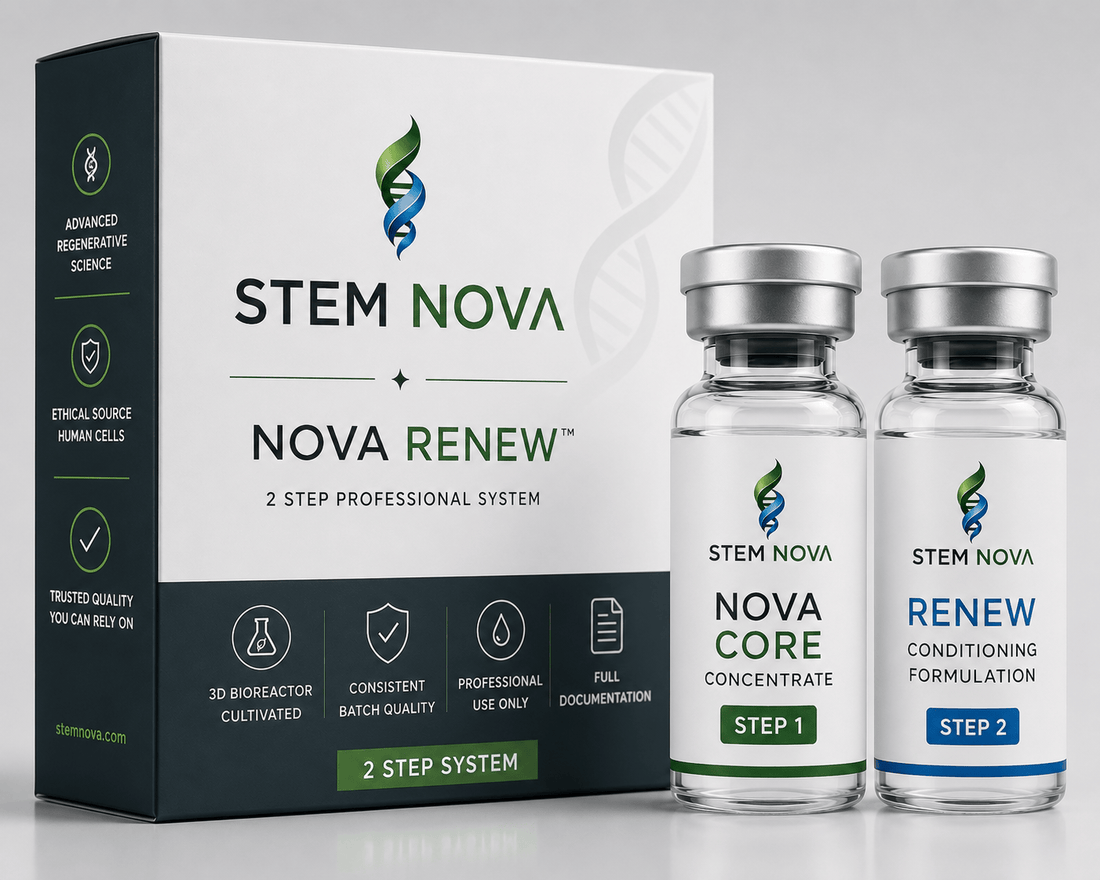 NovaRenew™ 2-step professional secretome system — Nova Core concentrate and Renew conditioning formulation, topical cosmetic biologic for licensed professionals | Stem Nova Network
